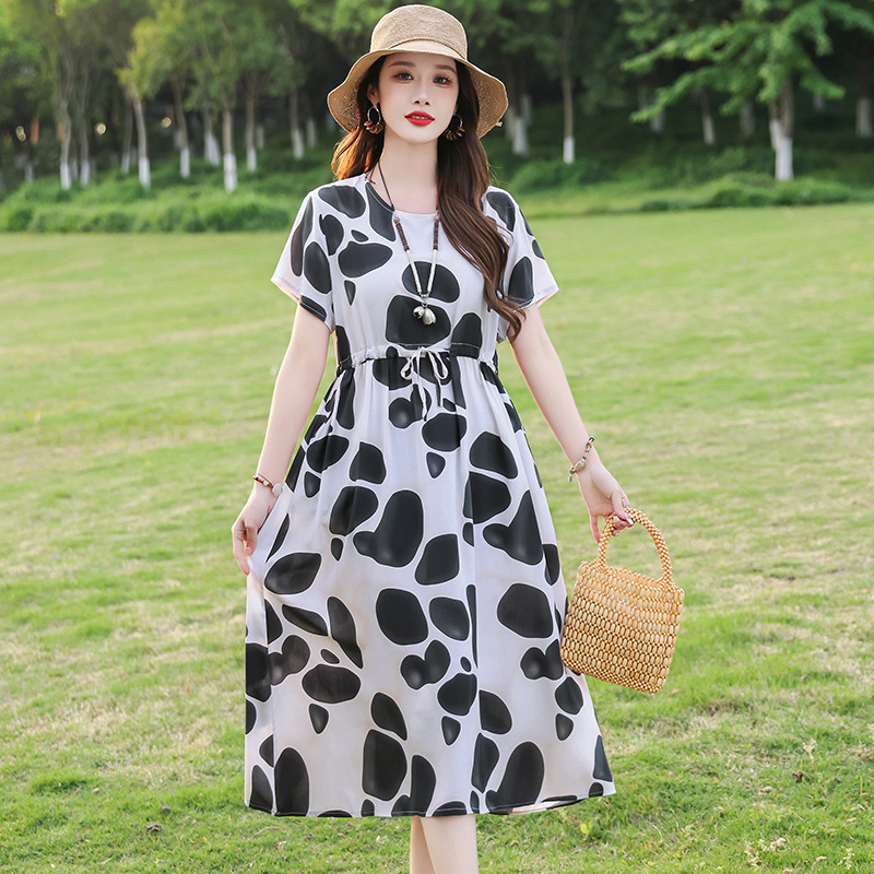 Φόρεμα από ύφασμα βαμβακο-σίλκ με εκτύπωση, Α-γραμμή μεσαίου μήκους, στρογγυλός λαιμός, κοντά μανίκια