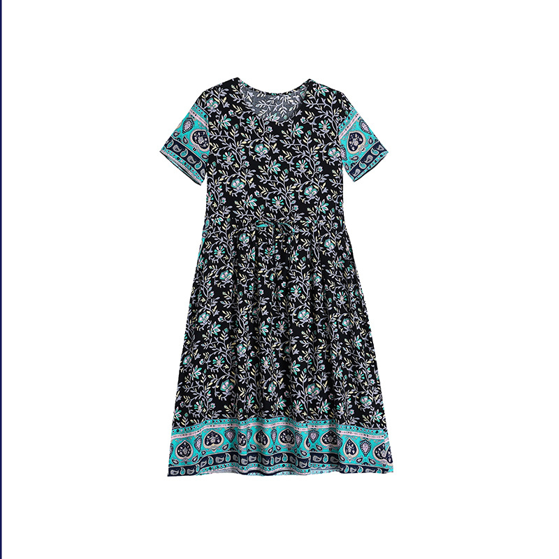 Φόρεμα από ύφασμα βαμβακο-σίλκ με εκτύπωση, Α-γραμμή μεσαίου μήκους, στρογγυλός λαιμός, κοντά μανίκια
