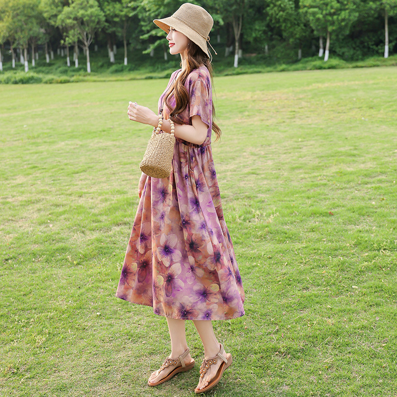 Φόρεμα από ύφασμα βαμβακο-σίλκ με εκτύπωση, Α-γραμμή μεσαίου μήκους, στρογγυλός λαιμός, κοντά μανίκια