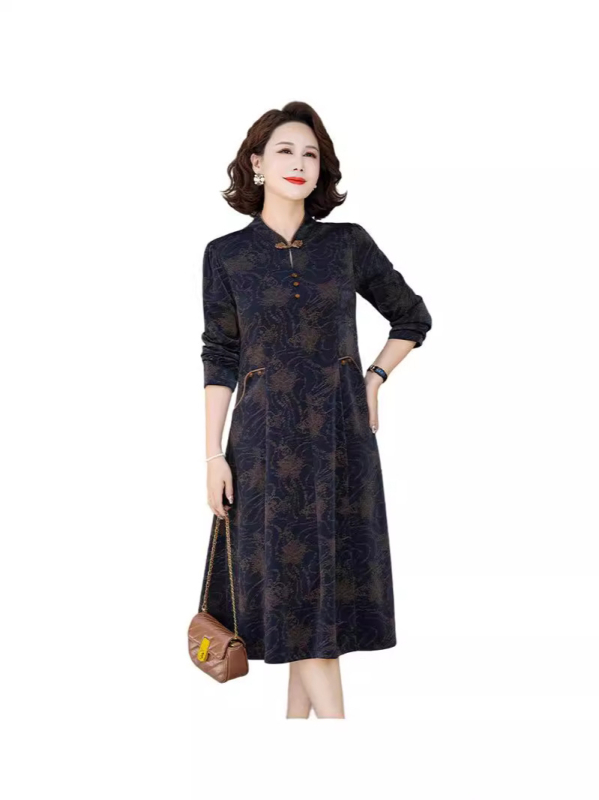 Haljina u kineskom stilu cheongsam, s dugim rukavima, moderniziran kroj, za zrelije žene, srednje duljine