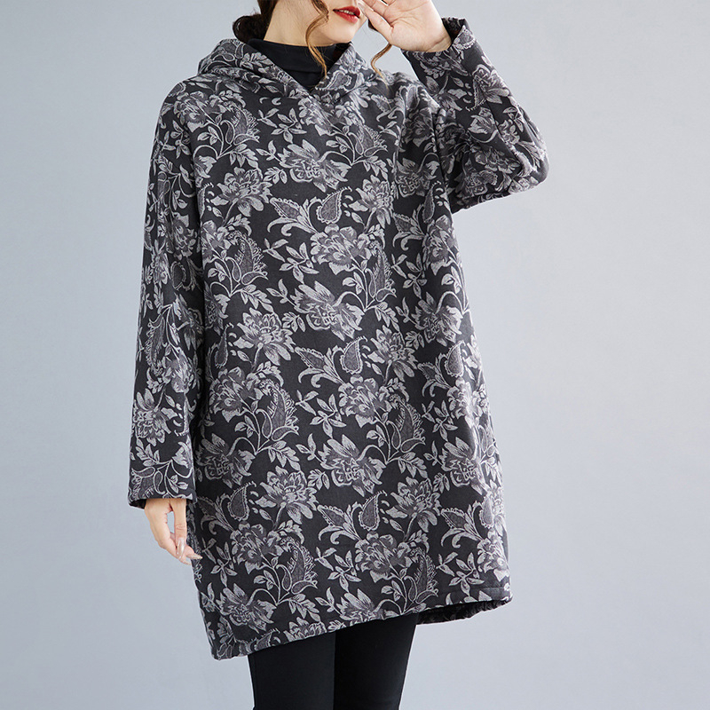 Rochie-sweatshirt cu glugă pentru femei, imprimeu din bumbac-lână, țesătură compozită, stil literar retro, sezon de iarnă 2025