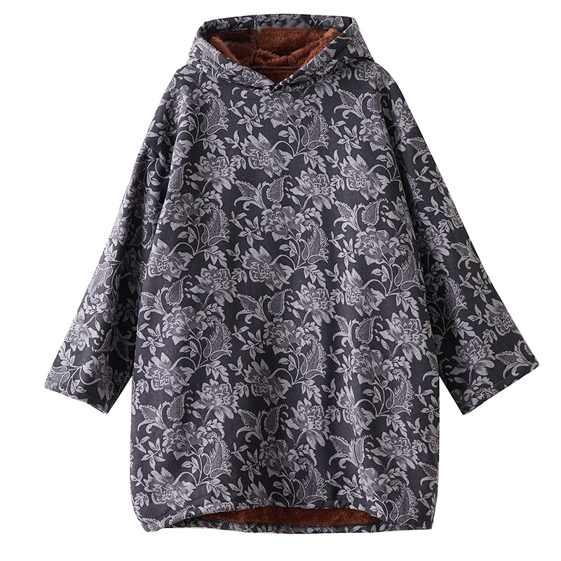 Rochie-sweatshirt cu glugă pentru femei, imprimeu din bumbac-lână, țesătură compozită, stil literar retro, sezon de iarnă 2025