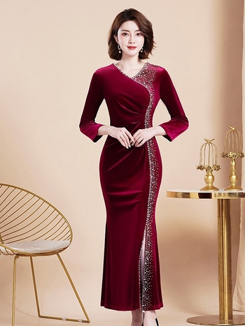Rochie de seară din catifea, stil chinezesc, decolteu adânc în V, mâneci lungi, talie strânsă, siluetă lungă, amestec polyester-spandex