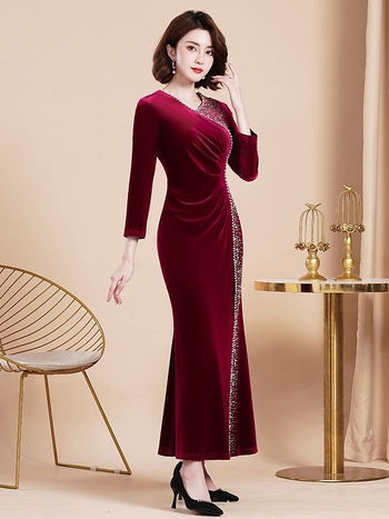Rochie de seară din catifea, stil chinezesc, decolteu adânc în V, mâneci lungi, talie strânsă, siluetă lungă, amestec polyester-spandex