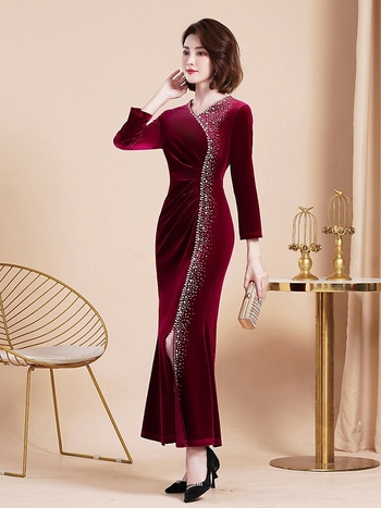Rochie de seară din catifea, stil chinezesc, decolteu adânc în V, mâneci lungi, talie strânsă, siluetă lungă, amestec polyester-spandex