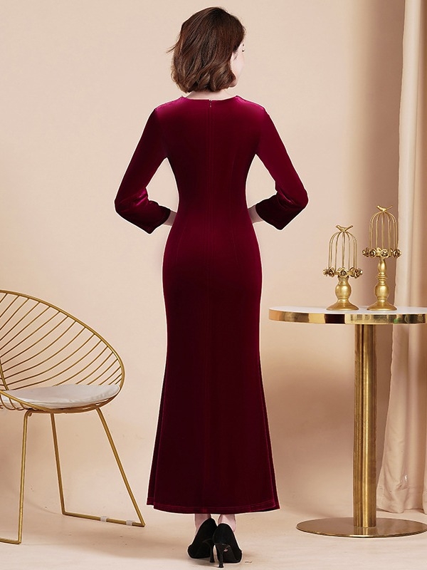 Rochie de seară din catifea, stil chinezesc, decolteu adânc în V, mâneci lungi, talie strânsă, siluetă lungă, amestec polyester-spandex
