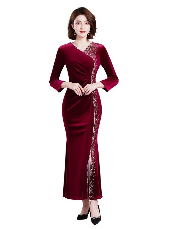 Rochie de seară din catifea, stil chinezesc, decolteu adânc în V, mâneci lungi, talie strânsă, siluetă lungă, amestec polyester-spandex