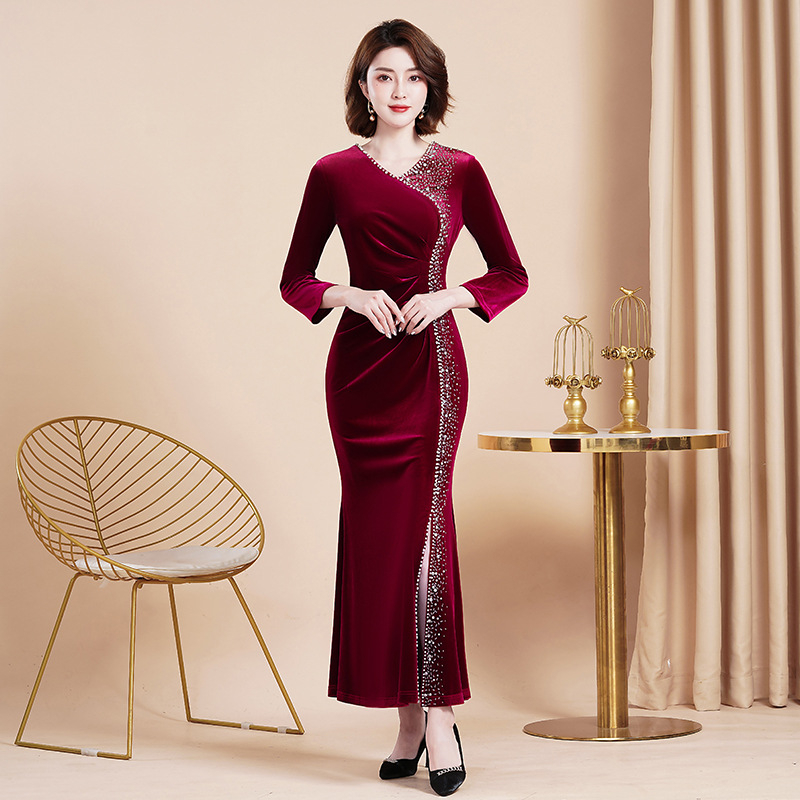 Rochie de seară din catifea, stil chinezesc, decolteu adânc în V, mâneci lungi, talie strânsă, siluetă lungă, amestec polyester-spandex