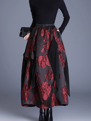 Пола дълга с неравна кройка, жакардова полиестерова материя, елегантен офис стил, съдържание полиестер 30–50%, микроеластичност (есен 2025)