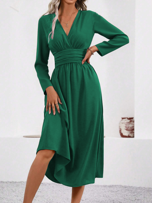 Γυναικεία μακρύ φόρεμα με V-λαιμό, ρυτιδωτή υφή, πολυεστέρας, ελαστική μέση, Α-γραμμή