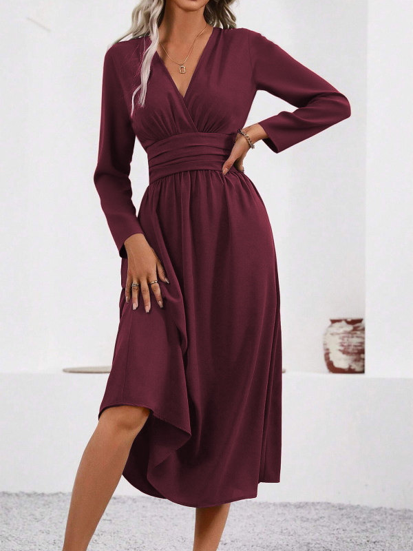 Γυναικεία μακρύ φόρεμα με V-λαιμό, ρυτιδωτή υφή, πολυεστέρας, ελαστική μέση, Α-γραμμή