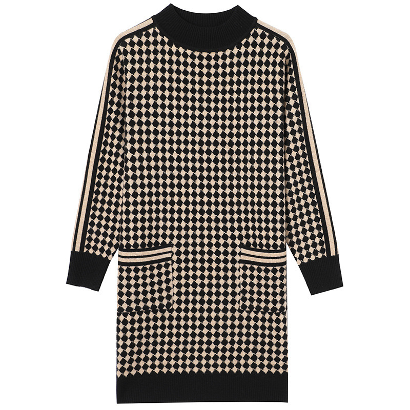 Pletiena kleita ar houndstooth rakstu, tīkla audums, akrila šķiedras līdz 30%, etniskais stils, rudens 2025
