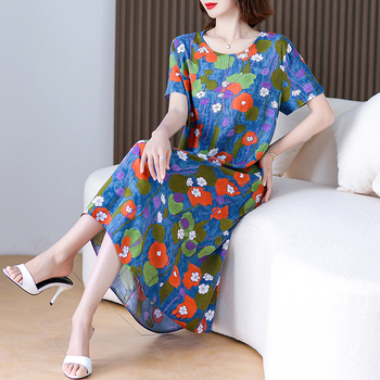 Φόρεμα από βαμβάκι-σίλκο με φλοράλ εκτύπωση, γραμμής Α, μακρύ μήκος, στρογγυλός λαιμός