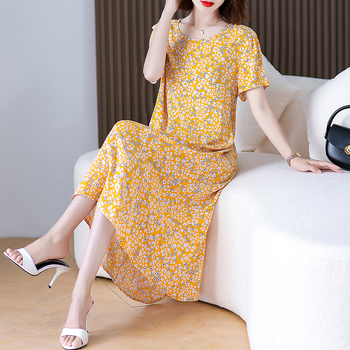 Φόρεμα από βαμβάκι-σίλκο με φλοράλ εκτύπωση, γραμμής Α, μακρύ μήκος, στρογγυλός λαιμός