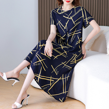 Φόρεμα από βαμβάκι-σίλκο με φλοράλ εκτύπωση, γραμμής Α, μακρύ μήκος, στρογγυλός λαιμός