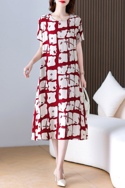 Φόρεμα από βαμβάκι-σίλκο με φλοράλ εκτύπωση, γραμμής Α, μακρύ μήκος, στρογγυλός λαιμός