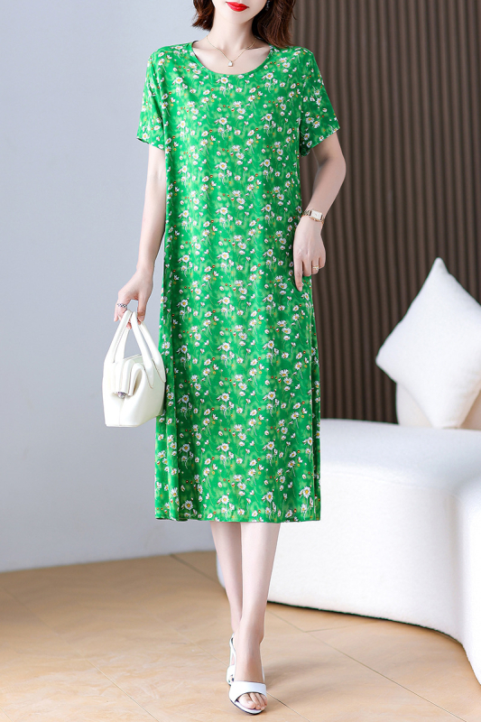 Φόρεμα από βαμβάκι-σίλκο με φλοράλ εκτύπωση, γραμμής Α, μακρύ μήκος, στρογγυλός λαιμός