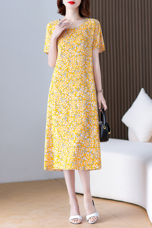 Φόρεμα από βαμβάκι-σίλκο με φλοράλ εκτύπωση, γραμμής Α, μακρύ μήκος, στρογγυλός λαιμός