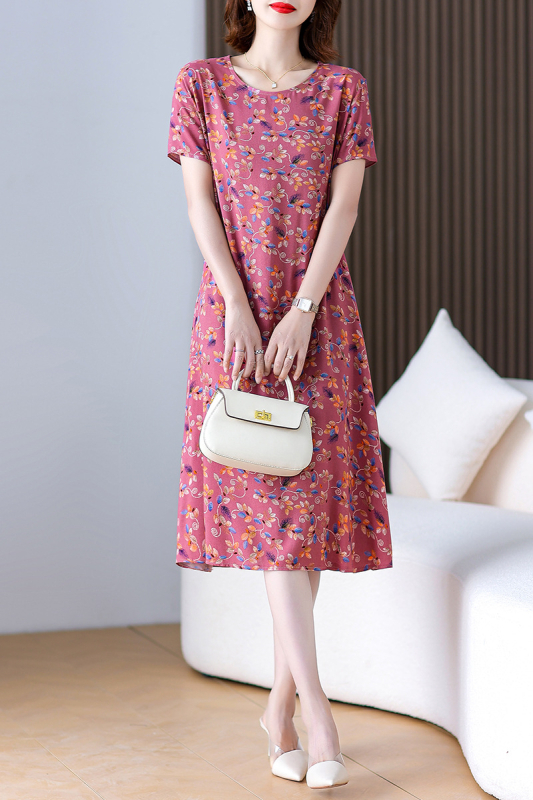 Φόρεμα από βαμβάκι-σίλκο με φλοράλ εκτύπωση, γραμμής Α, μακρύ μήκος, στρογγυλός λαιμός