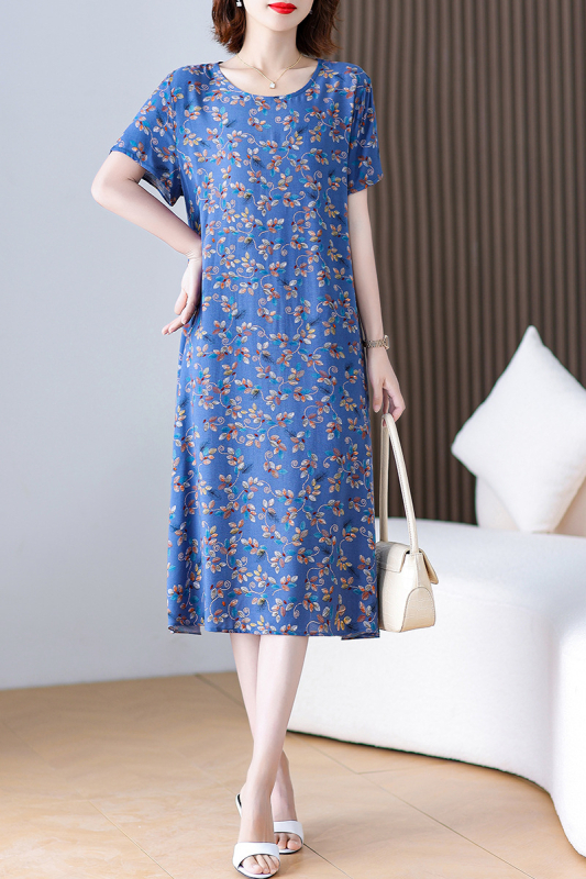 Φόρεμα από βαμβάκι-σίλκο με φλοράλ εκτύπωση, γραμμής Α, μακρύ μήκος, στρογγυλός λαιμός