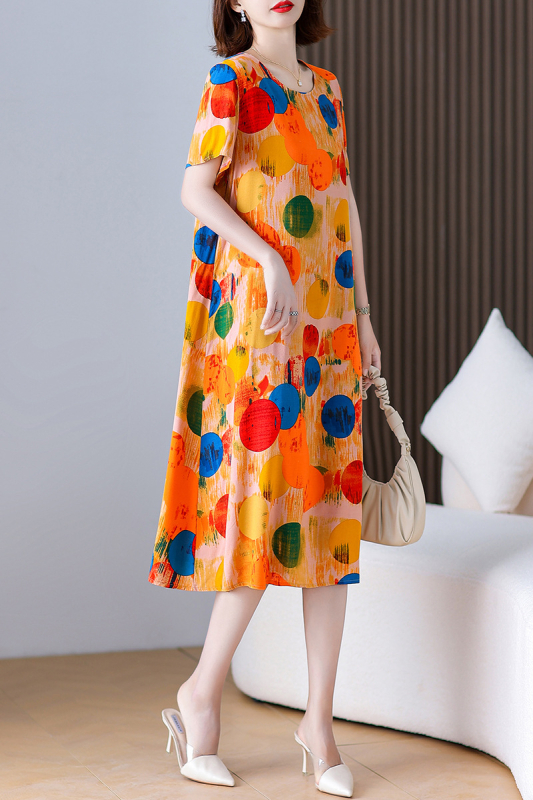 Φόρεμα από βαμβάκι-σίλκο με φλοράλ εκτύπωση, γραμμής Α, μακρύ μήκος, στρογγυλός λαιμός