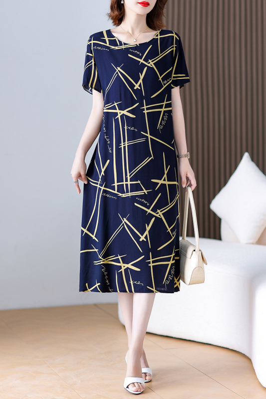 Φόρεμα από βαμβάκι-σίλκο με φλοράλ εκτύπωση, γραμμής Α, μακρύ μήκος, στρογγυλός λαιμός