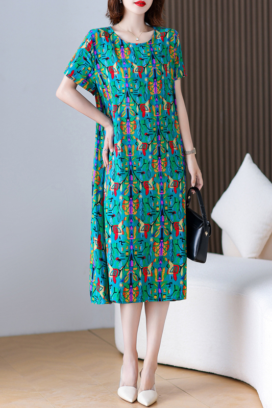 Φόρεμα από βαμβάκι-σίλκο με φλοράλ εκτύπωση, γραμμής Α, μακρύ μήκος, στρογγυλός λαιμός