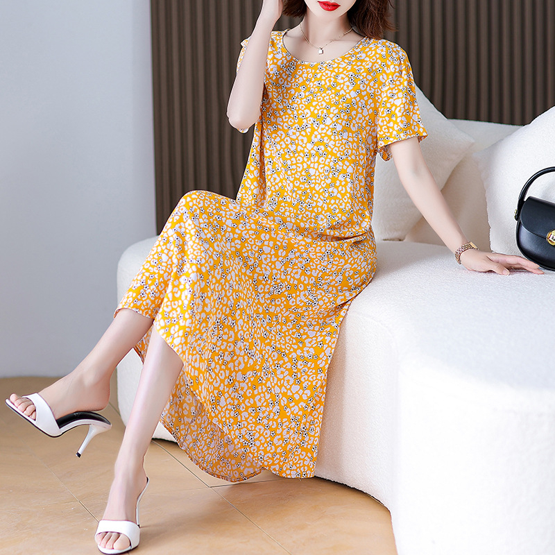 Φόρεμα από βαμβάκι-σίλκο με φλοράλ εκτύπωση, γραμμής Α, μακρύ μήκος, στρογγυλός λαιμός