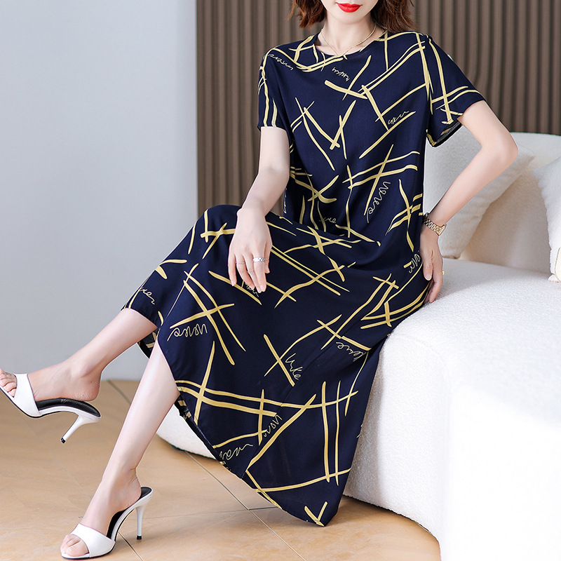 Φόρεμα από βαμβάκι-σίλκο με φλοράλ εκτύπωση, γραμμής Α, μακρύ μήκος, στρογγυλός λαιμός