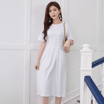 Rochie elegantă de birou, croială A-line, lungime medie, talie înaltă, decolteu rotund, mâneci scurte, bumbac-elastan