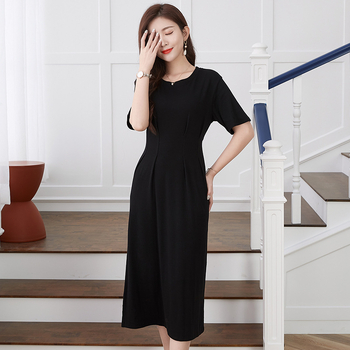 Rochie elegantă de birou, croială A-line, lungime medie, talie înaltă, decolteu rotund, mâneci scurte, bumbac-elastan