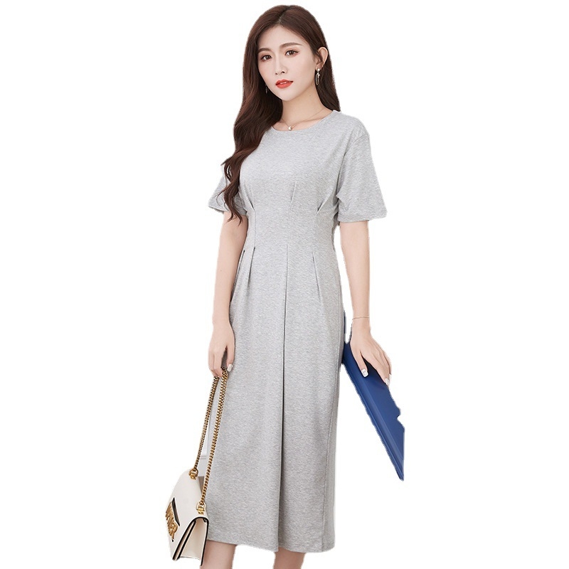 Rochie elegantă de birou, croială A-line, lungime medie, talie înaltă, decolteu rotund, mâneci scurte, bumbac-elastan