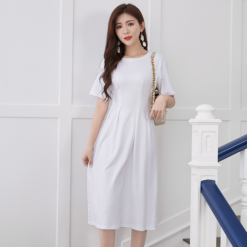 Rochie elegantă de birou, croială A-line, lungime medie, talie înaltă, decolteu rotund, mâneci scurte, bumbac-elastan