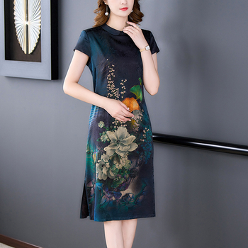 Рокля за жени с флорална шарка, ацетатна тъкан, А‑линия силует, ръкави 3/4, лято 2025