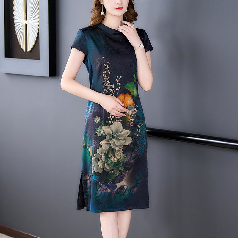 Рокля за жени с флорална шарка, ацетатна тъкан, А‑линия силует, ръкави 3/4, лято 2025