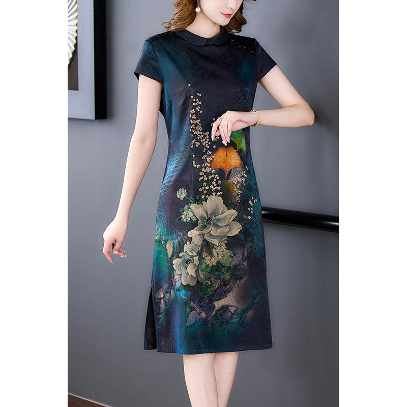 Рокля за жени с флорална шарка, ацетатна тъкан, А‑линия силует, ръкави 3/4, лято 2025