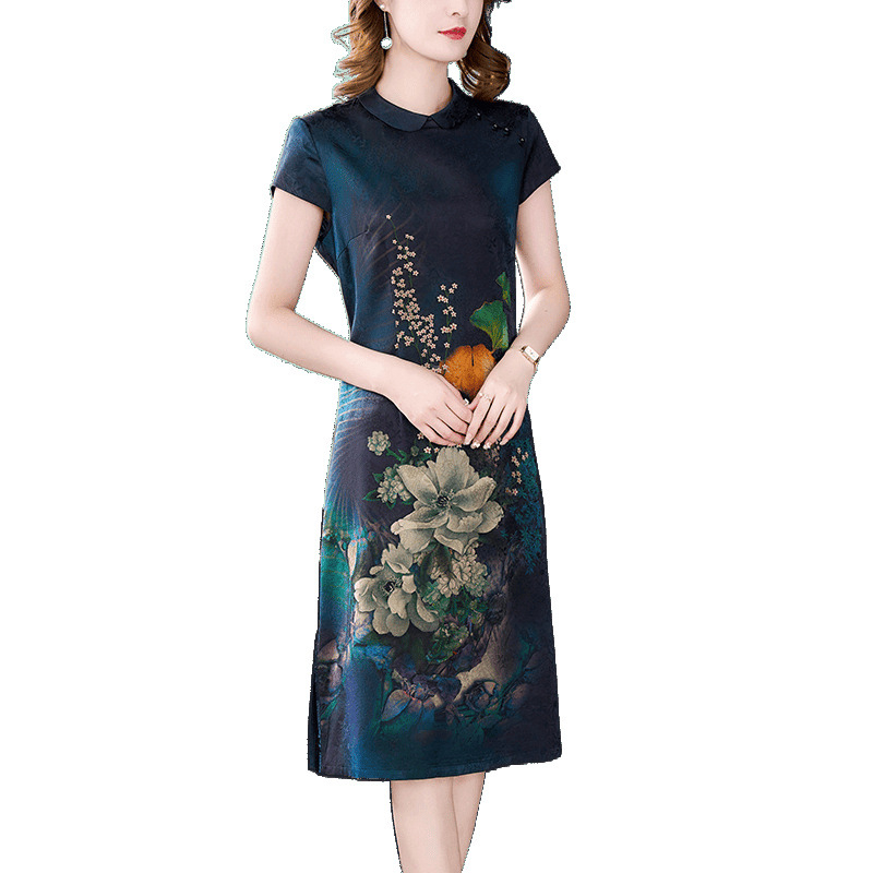 Рокля за жени с флорална шарка, ацетатна тъкан, А‑линия силует, ръкави 3/4, лято 2025