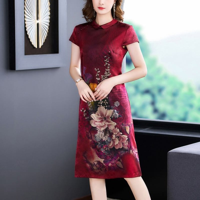 Рокля за жени с флорална шарка, ацетатна тъкан, А‑линия силует, ръкави 3/4, лято 2025