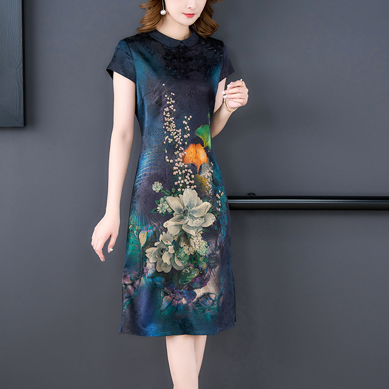 Рокля за жени с флорална шарка, ацетатна тъкан, А‑линия силует, ръкави 3/4, лято 2025