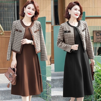 Costum casual cu fustă pentru femei, model houndstooth, 95% poliester, mâneci lungi, toamnă 2025