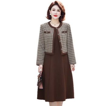 Costum casual cu fustă pentru femei, model houndstooth, 95% poliester, mâneci lungi, toamnă 2025