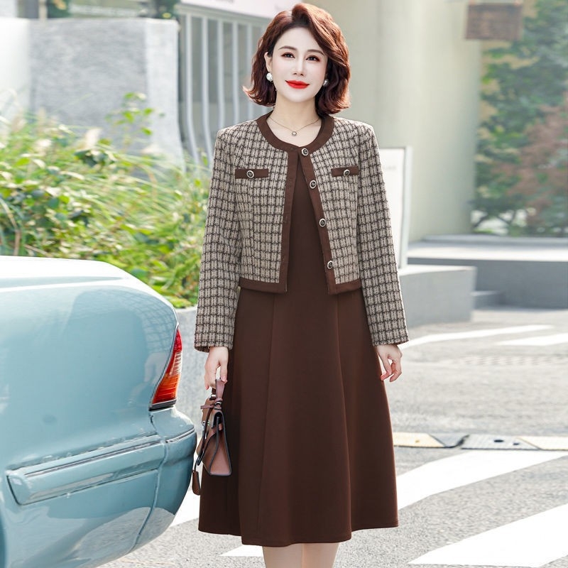 Costum casual cu fustă pentru femei, model houndstooth, 95% poliester, mâneci lungi, toamnă 2025
