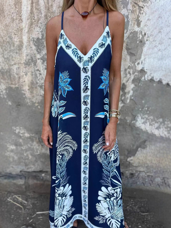 Letna haljina s bretele i otiskom, retro stil, minimalistički dizajn, midi duljina, silueta kišobrana, ovratnik s vezicom, bez rukava, slobodan struk