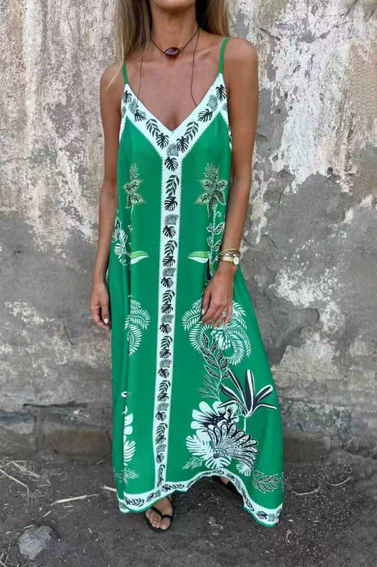 Letna haljina s bretele i otiskom, retro stil, minimalistički dizajn, midi duljina, silueta kišobrana, ovratnik s vezicom, bez rukava, slobodan struk