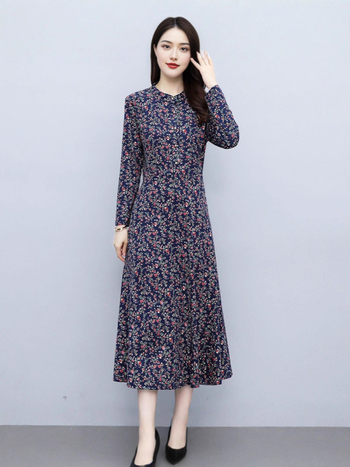 Sieviešu garās piedurknes kleita rietumu stilā, midi garums, poliestera audums 70–80%, šuvju splicing detaļa, rudens 2025 izlase