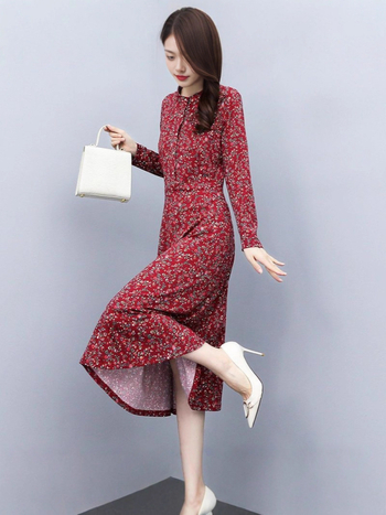 Sieviešu garās piedurknes kleita rietumu stilā, midi garums, poliestera audums 70–80%, šuvju splicing detaļa, rudens 2025 izlase