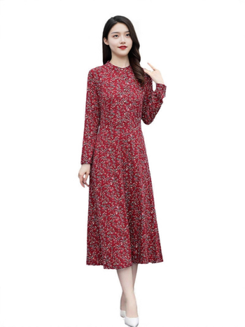 Sieviešu garās piedurknes kleita rietumu stilā, midi garums, poliestera audums 70–80%, šuvju splicing detaļa, rudens 2025 izlase