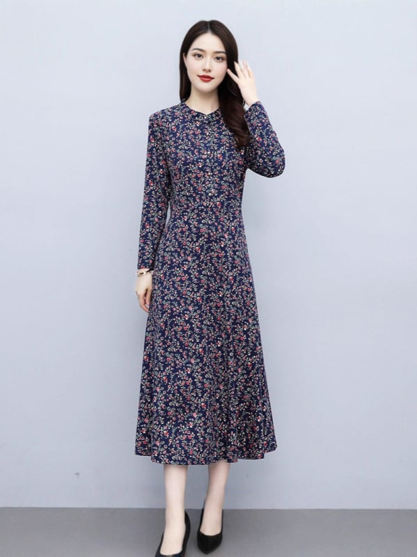 Sieviešu garās piedurknes kleita rietumu stilā, midi garums, poliestera audums 70–80%, šuvju splicing detaļa, rudens 2025 izlase