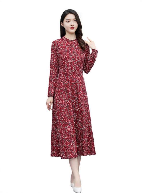 Sieviešu garās piedurknes kleita rietumu stilā, midi garums, poliestera audums 70–80%, šuvju splicing detaļa, rudens 2025 izlase