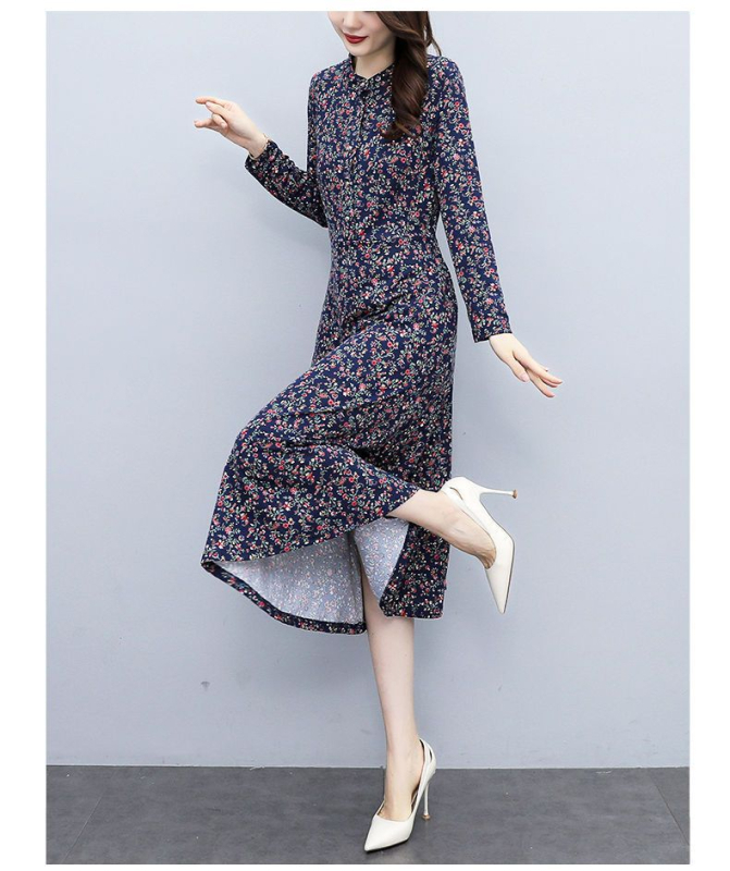 Sieviešu garās piedurknes kleita rietumu stilā, midi garums, poliestera audums 70–80%, šuvju splicing detaļa, rudens 2025 izlase